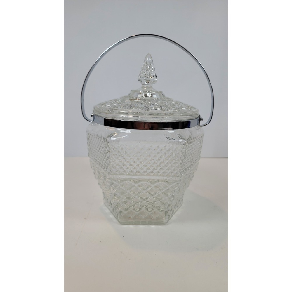 Vintage Anchor Hocking Wexford Ice‎ Bucket  w/Lid & Chrome Handle Cut Glass